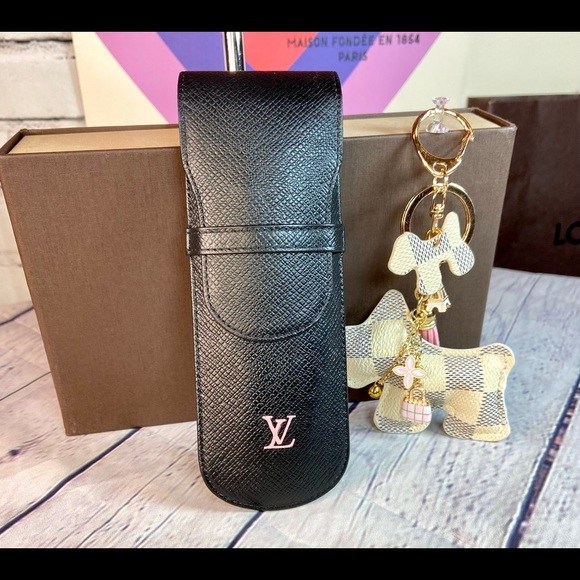 Louis Vuitton Accessories - Louis Vuitton black Taiga leather pen pouch with bag charm! Custom painted